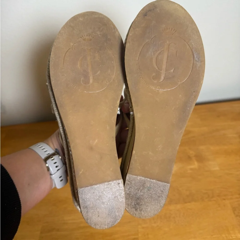Juicy Couture Moira Platform Leather Canvas Sandal 7M Tan Gold